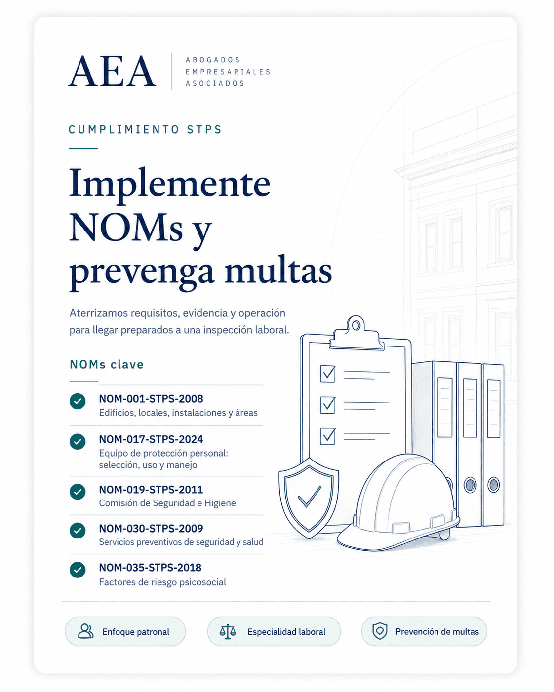 Cumplimiento STPS: implemente NOMs y prevenga multas. Aterrizamos requisitos, evidencia y operación de las NOM-001, 017, 019, 030 y 035 para llegar preparados a una inspección laboral.