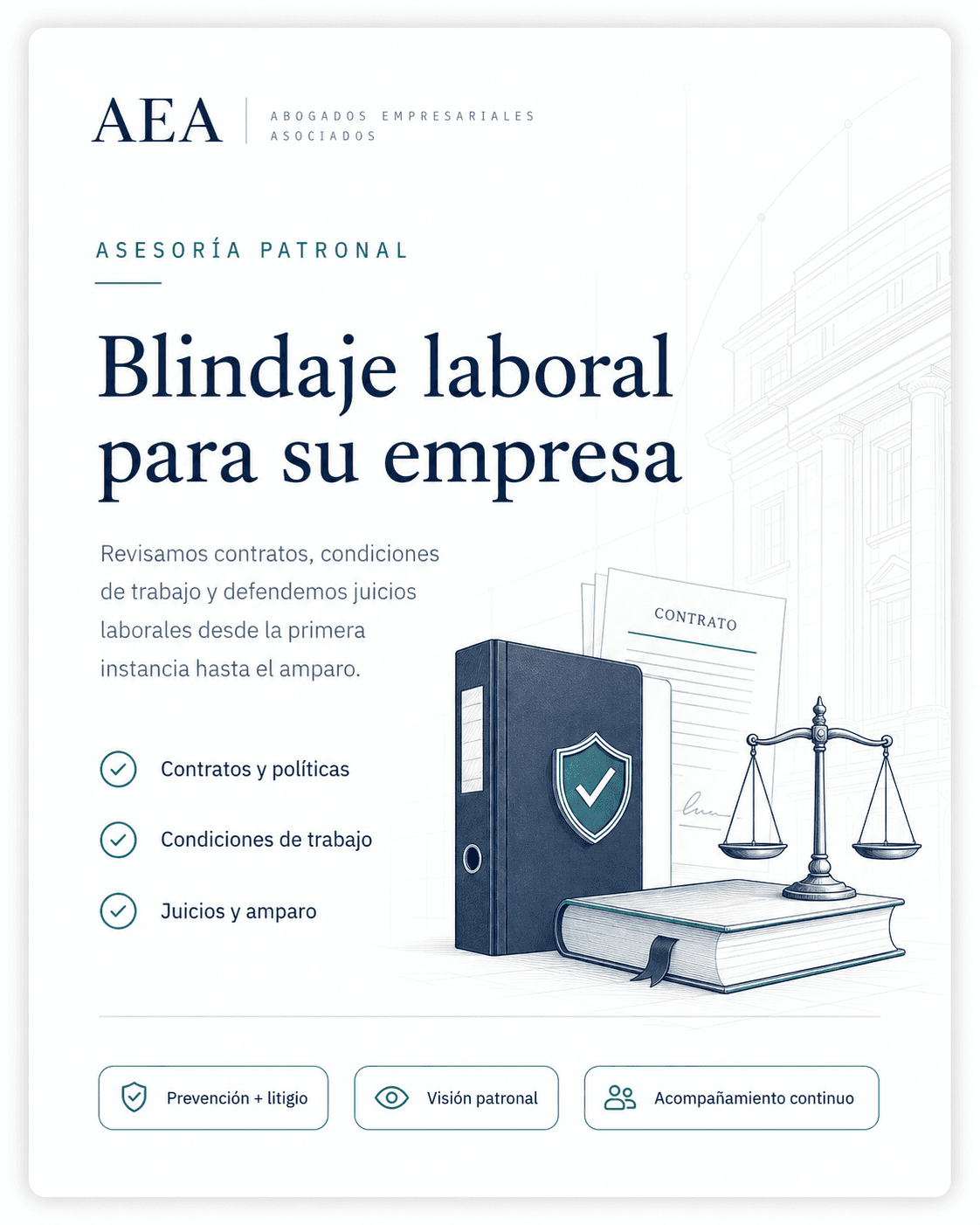 Asesoría patronal: blindaje laboral para su empresa. Revisamos contratos, condiciones de trabajo y defendemos juicios laborales desde la primera instancia hasta el amparo.